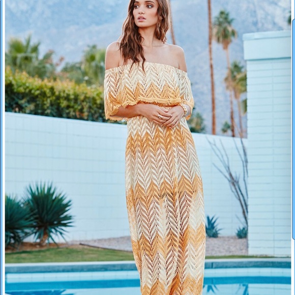 Dress the Population Dresses & Skirts - Yellow Lace Crochet Off the Shoulder Maxi Dress